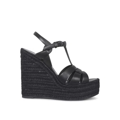 Saint Laurent Jute Wedge Leather Sandals In Black