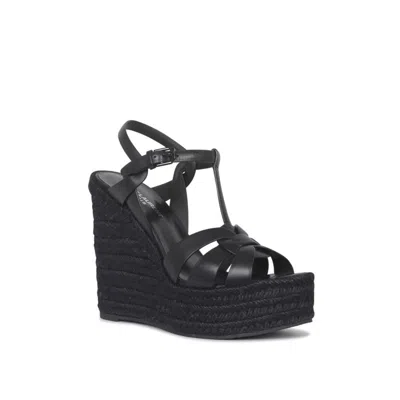 Saint Laurent Jute Wedge Leather Sandals In Black