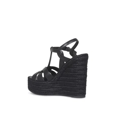 Saint Laurent Jute Wedge Leather Sandals In Black