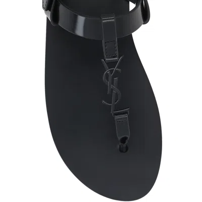 Saint Laurent Cassandre Glazed Leather Sandals In Black
