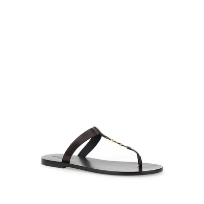 Saint Laurent Cassandra Flat Sole Metallic Toe Strap Sandals In Brown
