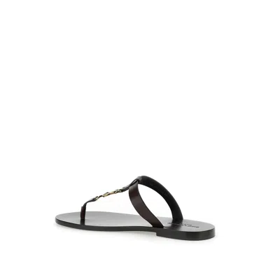 Saint Laurent Cassandra Flat Sole Metallic Toe Strap Sandals In Brown