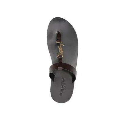 Saint Laurent Cassandra Flat Sole Metallic Toe Strap Sandals In Brown