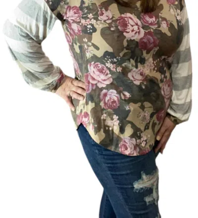 Honeyme Camo And Floral Puff Sleeve Top In Green In Green