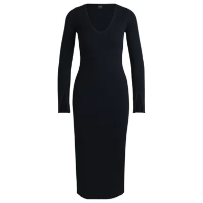Hugo Boss Long-sleeved Knitted Dress With Ribbed Structure And V Neckline In Blue