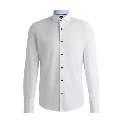 Hugo Boss Casual-fit Shirt In Structured Cotton With Spread Collar In White