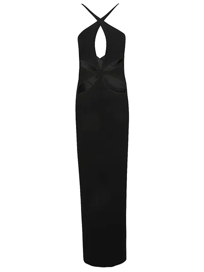Monot Pre Cut Out Detail Silk Crepe Long Dress In Black