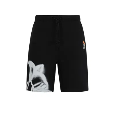 Hugo Boss Relaxed-fit Shorts With Floral Artwork In Black