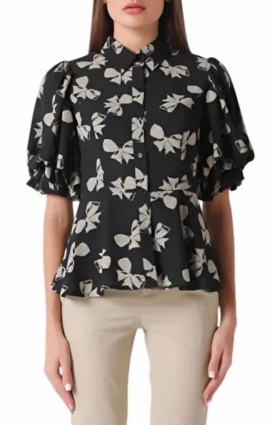 Gracia Polka Dot Puff Sleeve Button-down Top In Multi