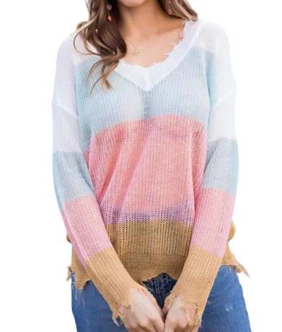 Main Strip Frayed Light Weight Sweater In Multi