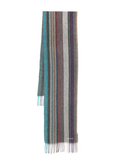 Paul Smith Woolen Scarf With Fringed Edge And Stripes In Grey