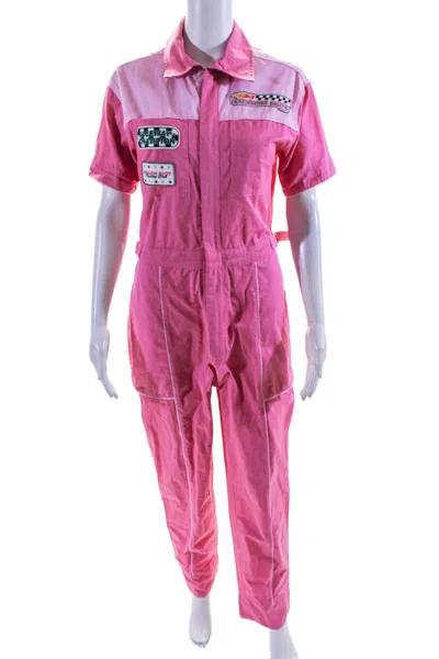 Beach Riot Womens Cotton Collared Short Sleeve Zip Up Jumpsuit Pink In Pink