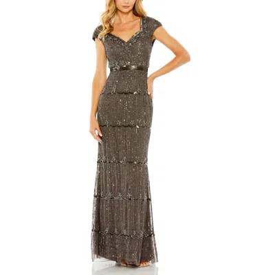 Mac Duggal Cap Sleeve Sweetheart Neckline Beaded Sequin Column Gown In Brown