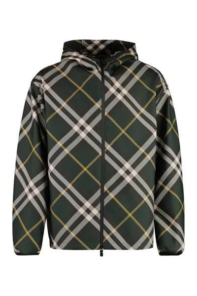 Burberry Check-pattern Zipped Hooded Jacket In Green