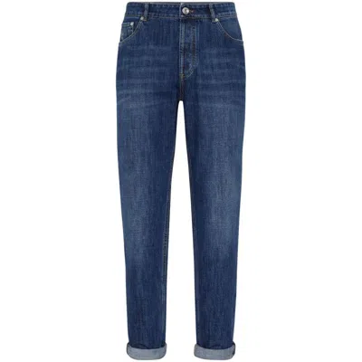 Brunello Cucinelli Logo-stitched Tapered Jeans In Blue