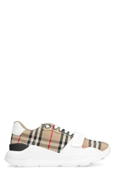 Burberry Beige And White Low Top Sneakers With Vintage Check Print And Rubber Sole In Canvas And Leather Man In Beige
