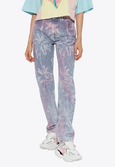 Balmain Palm Tree Print Boyfriend Jeans In Blue