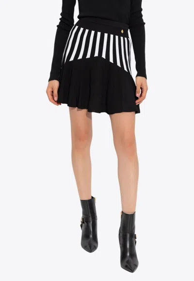 Balmain Striped Knit Pleated Mini Skirt In Black
