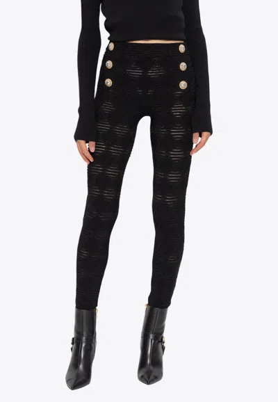 Balmain Embossed-button Open-knit Leggings In Black