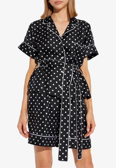 Dolce & Gabbana Short-sleeved Silk Pajama Shirt With Polka-dot Print In Black