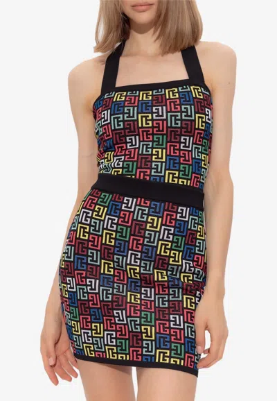 Balmain Halterneck Top In Pop Monogram Knit In Multicolor
