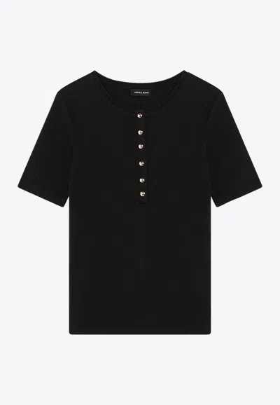Anine Bing Ribbed Texture Round Neck Button Detailing Top In Black