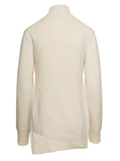 Jil Sander White Mock Neck Jumper With Asymmetric Hem In Wool Woman In White