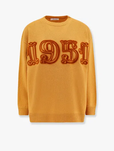 Max Mara Wool Blend Crew Neck T-shirt With Embroidered Detail In Yellow
