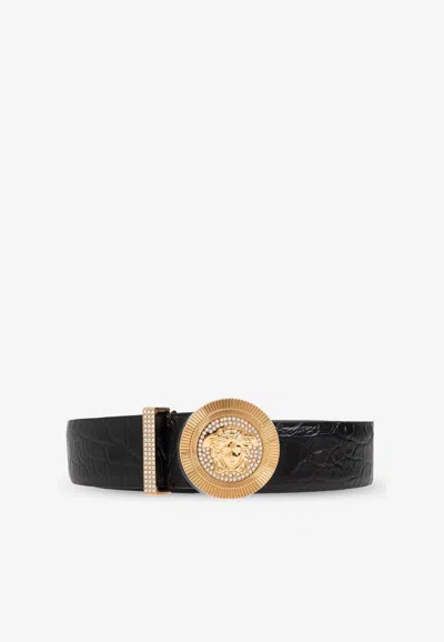 Versace Medusa Biggie Croc-embossed Leather Belt In Black