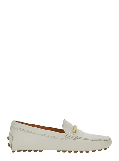 Tod's White Lime Calfskin Driving Loafer With Low Heel In White