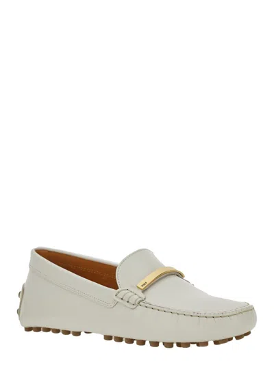 Tod's White Lime Calfskin Driving Loafer With Low Heel In White