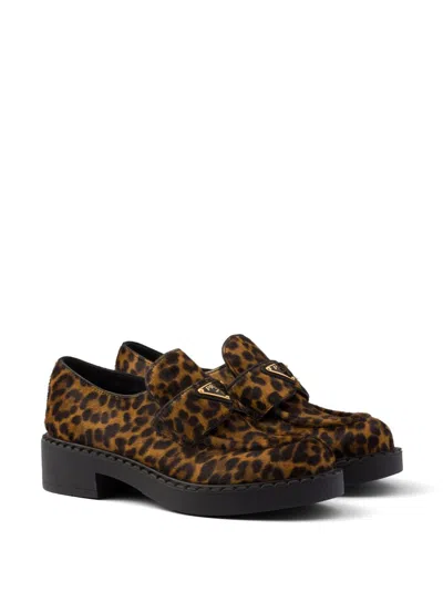 Prada Leopard Calf Hair Triangle Loafers In Miele