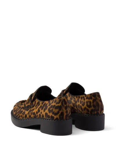 Prada Leopard Calf Hair Triangle Loafers In Miele