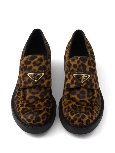 Prada Leopard Calf Hair Triangle Loafers In Miele