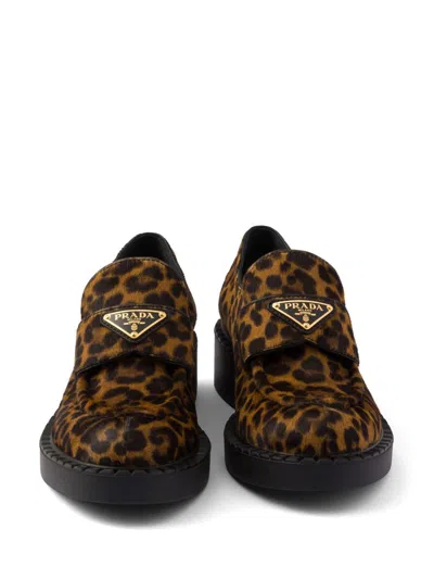 Prada Leopard Calf Hair Triangle Loafers In Miele