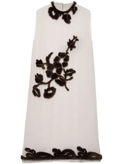 Prada Embroidered Georgette Dress In Brown