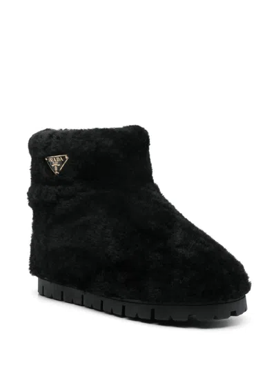 Prada Black Shearling Ankle Boots In Black