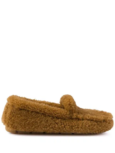 Prada Triangle Logo Shearling Loafers In Brown