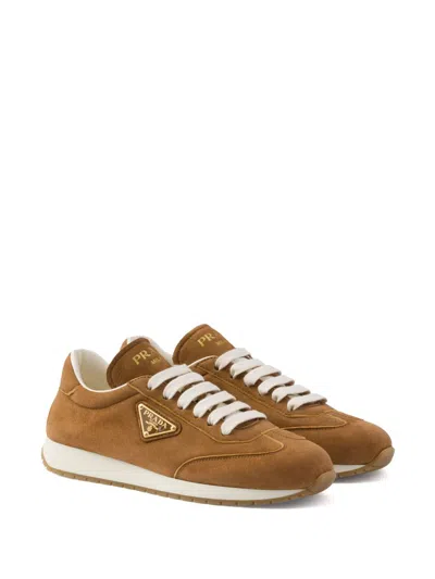 Prada Triangle Logo Suede Sneakers In Brown