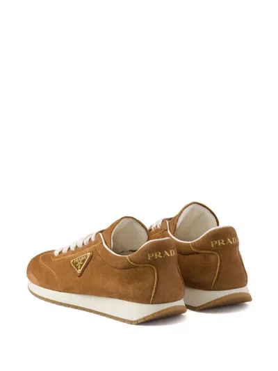 Prada Triangle Logo Suede Sneakers In Brown