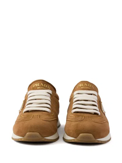 Prada Triangle Logo Suede Sneakers In Brown