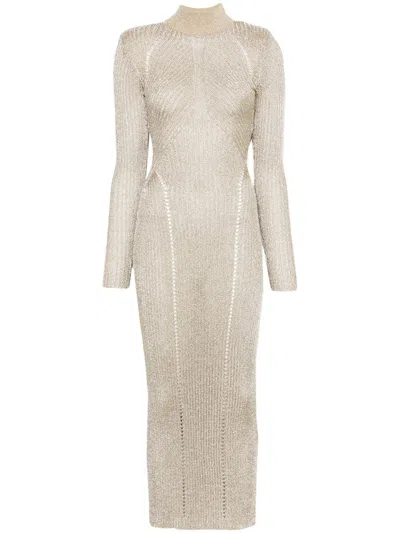 Self-portrait Ribbed Lurex Knit Turtleneck Maxi Dress In Gold