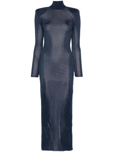 Self-portrait Ribbed Lurex Knit Turtleneck Maxi Dress In Navy