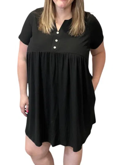 Honeyme Babydoll With Button Dress In Black In Black