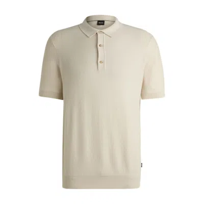 Hugo Boss Regular-fit Knit Polo With Mixed Structures In White
