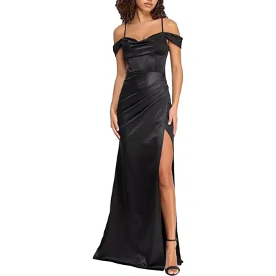 B Darlin Juniors' Cowl-neck High-slit Boned-bodice Gown In Black