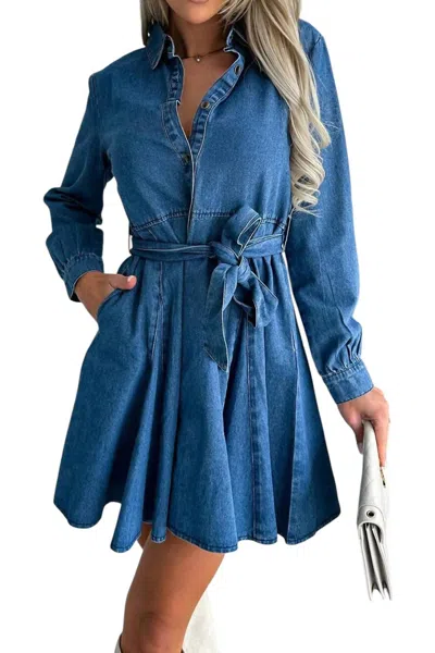 Trendsi Tied Half Button Long Sleeve Denim Dress In Dusty Blue In Multi