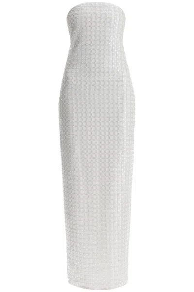 Rotate Birger Christensen Long White Cotton Bodycon Dress With Beads Strapless In White