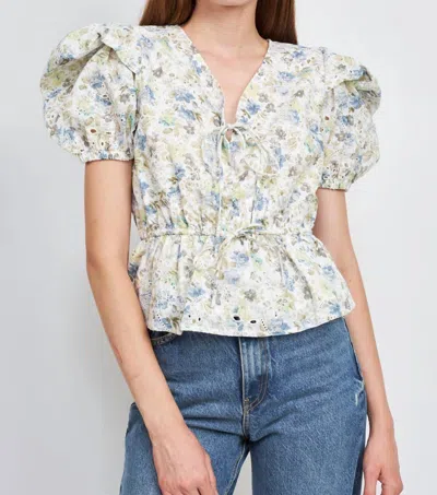 En Saison Eliza Eyelet Blouse In Olive Multi In Green