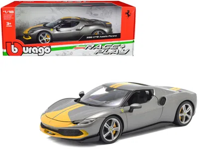 Diecast Model Bburago Ferrari 296 Gtb Assetto Fiorano Gray Metallic With Yellow Stripes "race + Play" Series 1/18 Diecast